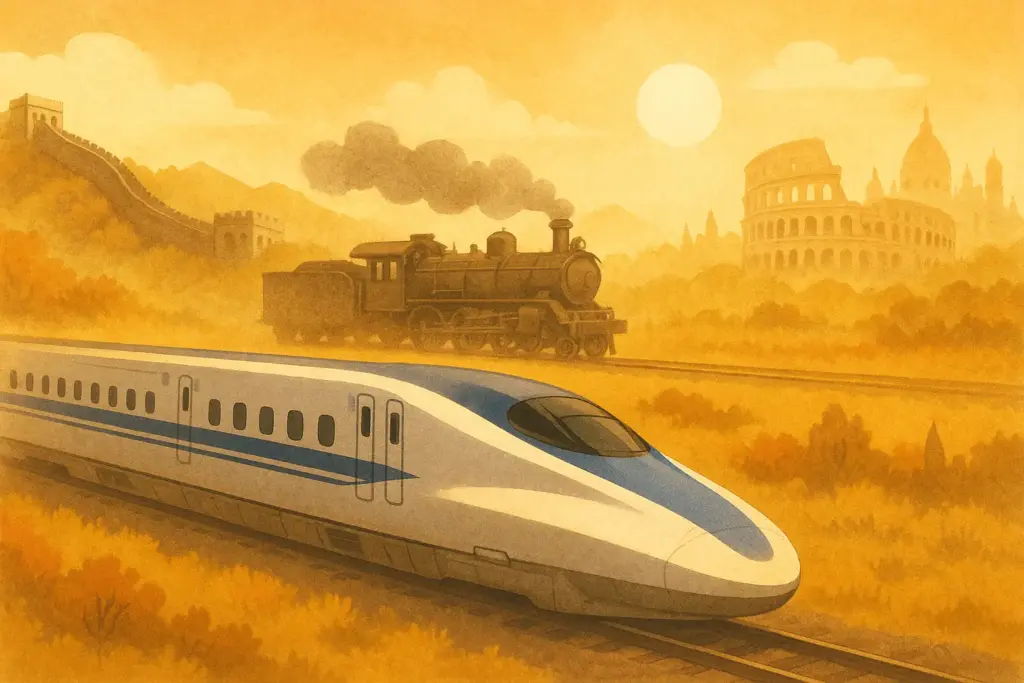 10月1日の歴史的出来事を象徴する挿絵。新幹線が走り、背景に古い蒸気機関車、万里の長城やヨーロッパ建築のシルエットが描かれた構図