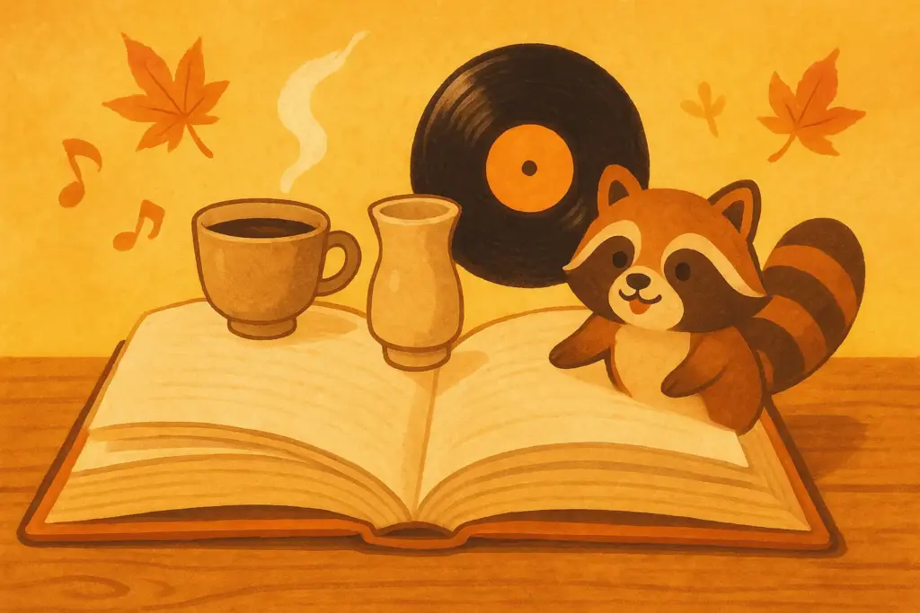 10月1日の豆知識を表す挿絵。木の机の上に開かれた本から、コーヒーカップ、日本酒の盃、レコード、かわいいアライグマが飛び出す楽しい秋のイラスト