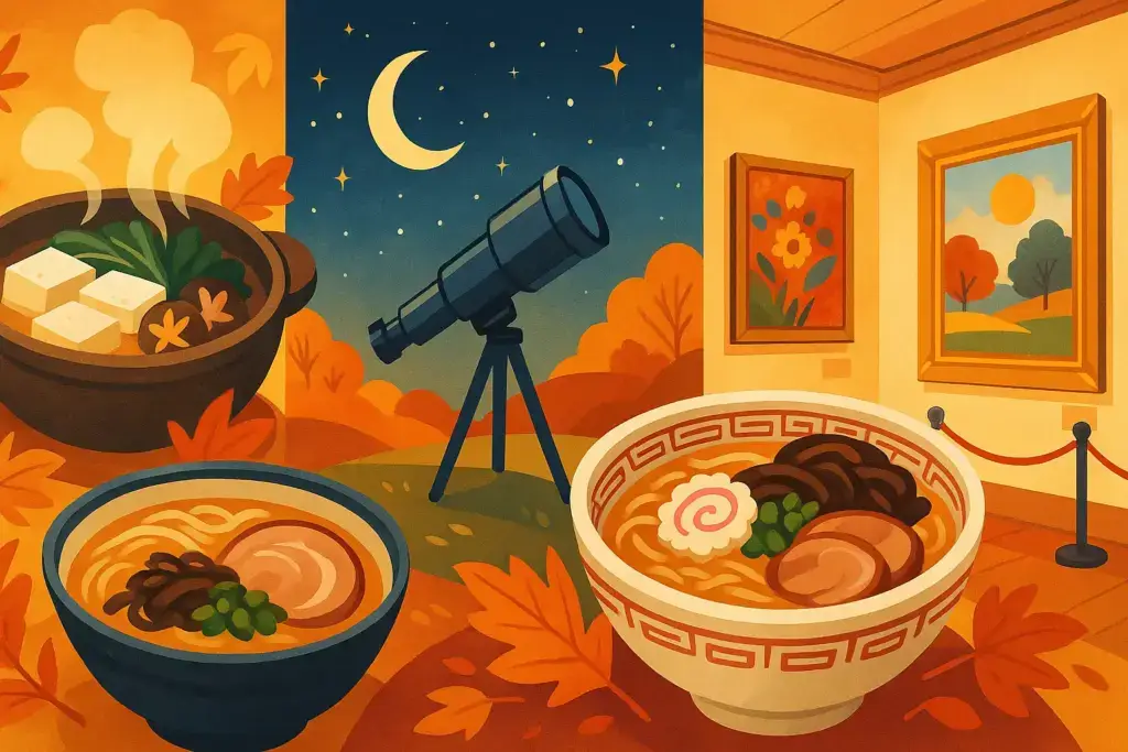 10月2日の記念日をイメージしたイラスト。湯気の立つ豆腐鍋、とんこつラーメン、望遠鏡、美術館の展示絵画をコラージュした秋の雰囲気