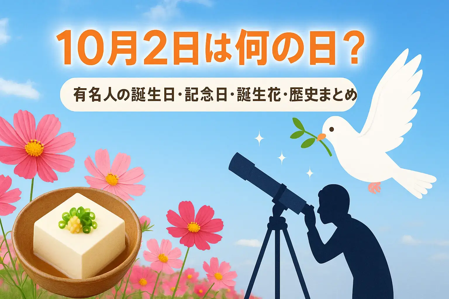 10月2日の記念日や誕生日を象徴するイラスト。コスモスの花畑、豆腐料理、望遠鏡と星空、平和の鳩を組み合わせた秋の雰囲気のアイキャッチ画像