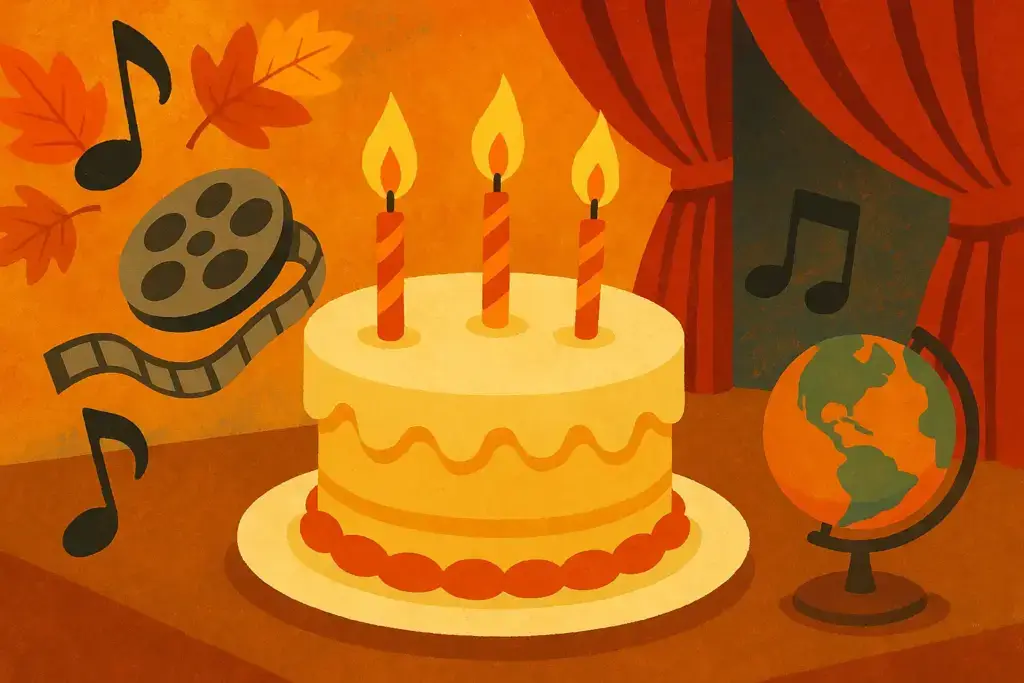 10月2日生まれの有名人やキャラクターの誕生日を象徴するイラスト。ろうそく付きのバースデーケーキ、音符、フィルムリール、舞台カーテン、小さな地球儀が浮かぶ祝祭的な風景