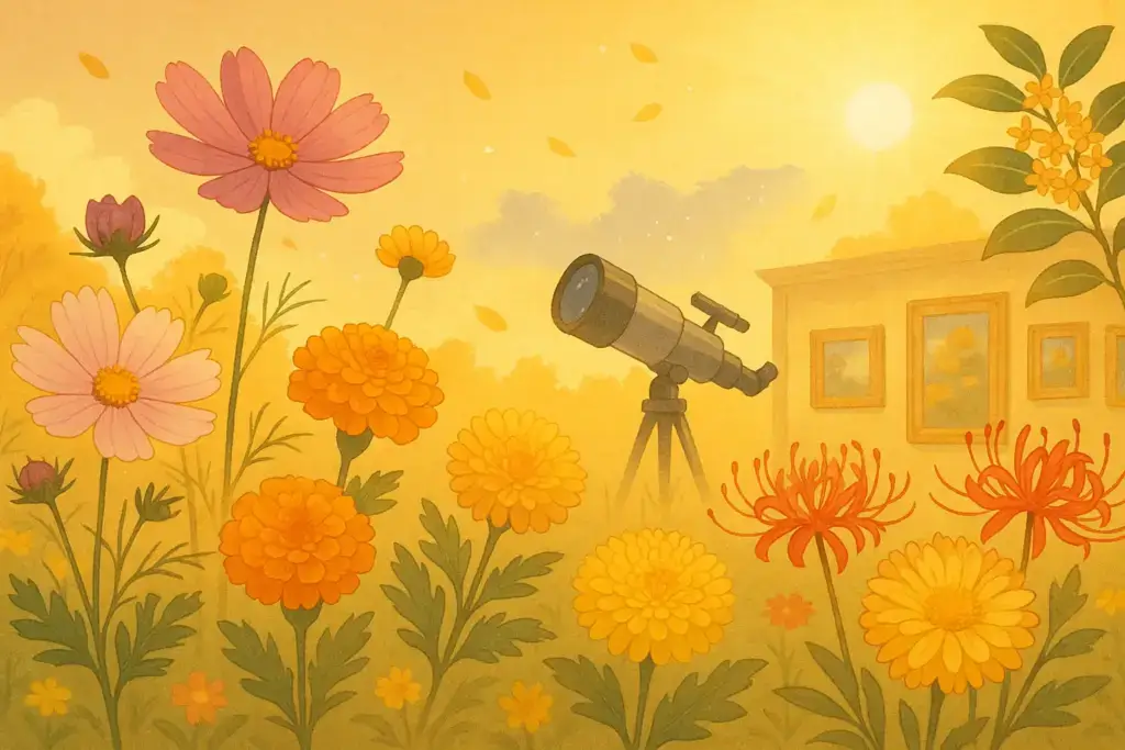 10月2日の誕生花を表現したボタニカルイラスト。コスモス、マリーゴールド、菊、彼岸花、キンモクセイが秋の陽光を浴びて咲き誇る花畑