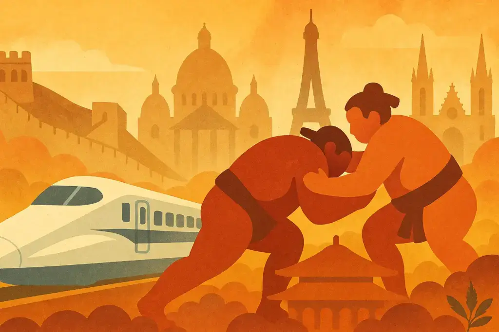 10月2日の歴史的出来事を象徴するイラスト。秋色の背景に新幹線と相撲を抽象的に描き、世界のランドマークが淡く重なる歴史的な雰囲気