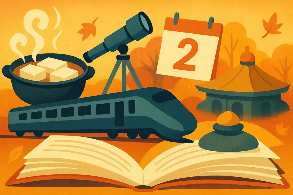 10月2日の豆知識を表すイラスト。開いた本から豆腐、望遠鏡、鉄道車両、日本武道館の玉ねぎ型飾り、秋を示すカレンダーが飛び出す遊び心ある構図