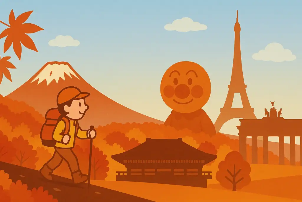 10月3日の記念日を象徴する登山者と紅葉の山、日本武道館やエッフェル塔などを組み合わせた秋のイラスト