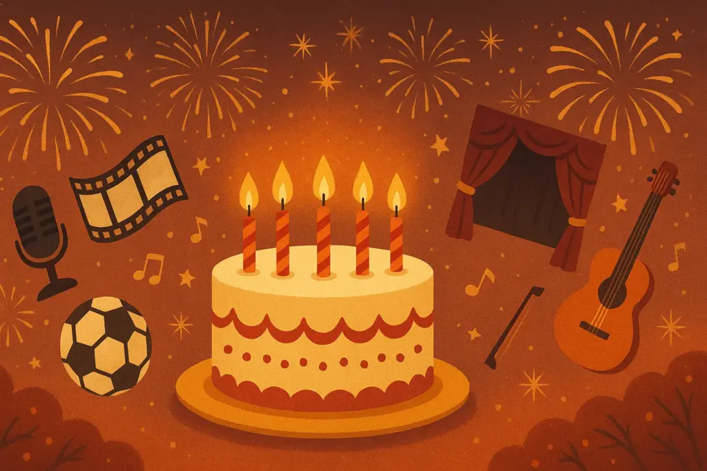 10月3日生まれの有名人や芸能人をイメージした誕生日ケーキ、映画フィルム、マイク、サッカーボールなどを描いたイラスト