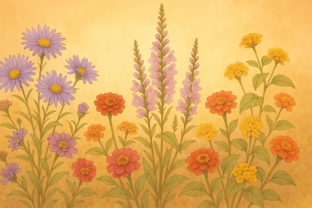 10月3日の誕生花であるシオン、カエデ、ハナトラノオを中心にジニアやランタナを描いた秋らしいボタニカルイラスト