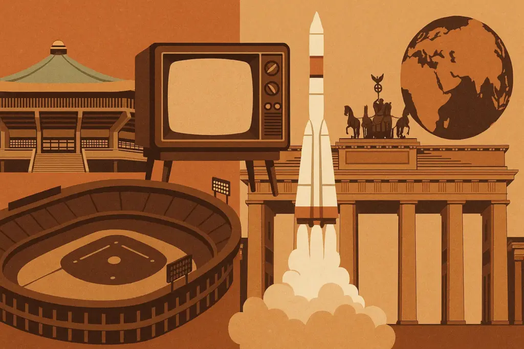 10月3日の歴史的出来事を表す日本武道館や古いテレビ、野球場、ベルリンのブランデンブルク門や宇宙ロケットを並べたコラージュ風イラスト