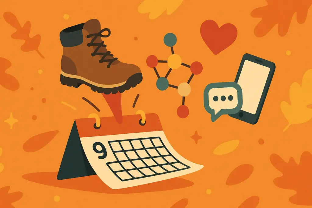 10月3日の豆知識を象徴するカレンダーから登山靴や糖鎖の分子図、SNSアイコンやスマートフォンが飛び出す楽しい秋色イラスト