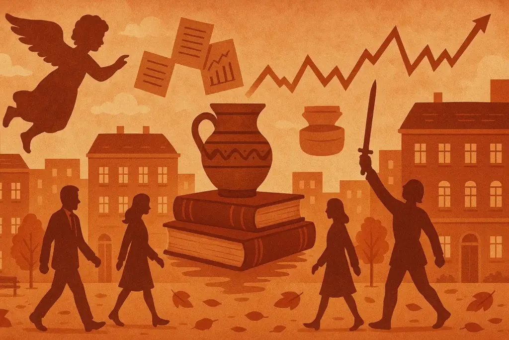 10月4日の記念日イラスト。秋の街並みに天使のシルエットや証券グラフ、陶器、古書、日本刀など語呂合わせ記念日を象徴する風景