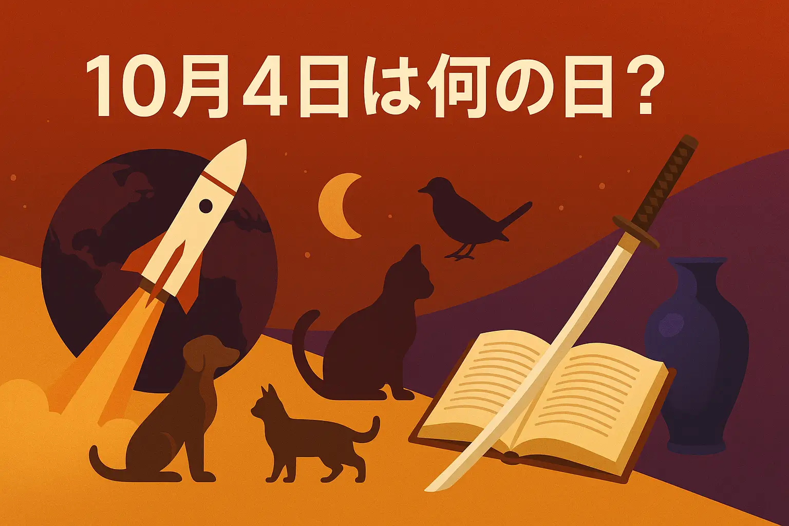 10月4日は何の日?天使の日や世界動物の日、宇宙週間、陶器や古書の象徴を組み合わせた秋色のアイキャッチイラスト