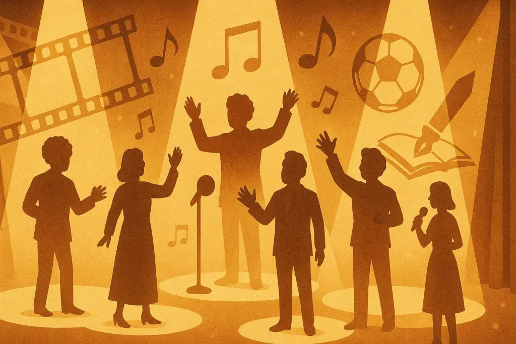 10月4日生まれの誕生日イラスト。舞台のスポットライトに人物シルエット、背景に映画フィルムや音符、サッカーボールや本などを描いた祝祭的な構図