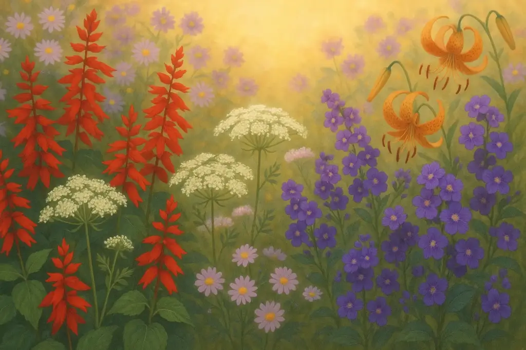 10月4日の誕生花イラスト。サルビアやホワイトレースフラワー、デュランタ、オニユリやクジャクアスターなど秋の花々を彩ったボタニカル風景