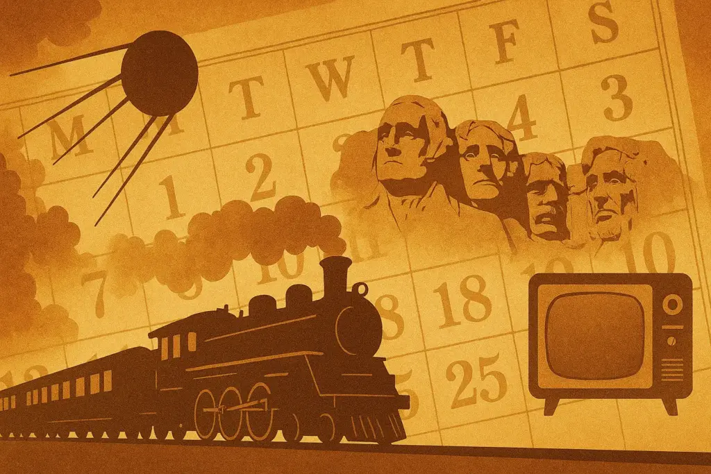 10月4日の歴史イラスト。古いグレゴリオ暦のカレンダーを背景に、スプートニク1号のロケット、オリエント急行、マウントラシュモアやテレビを配置した構図