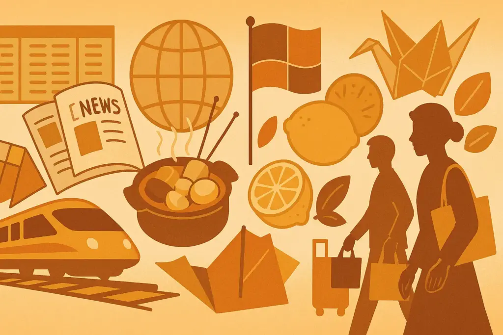 10月5日の記念日イラスト。鉄道の時刻表と列車、社内報の冊子、みそおでん、買い物袋、レモンや折り紙、地球儀や国旗を配置したシンボル風イラスト