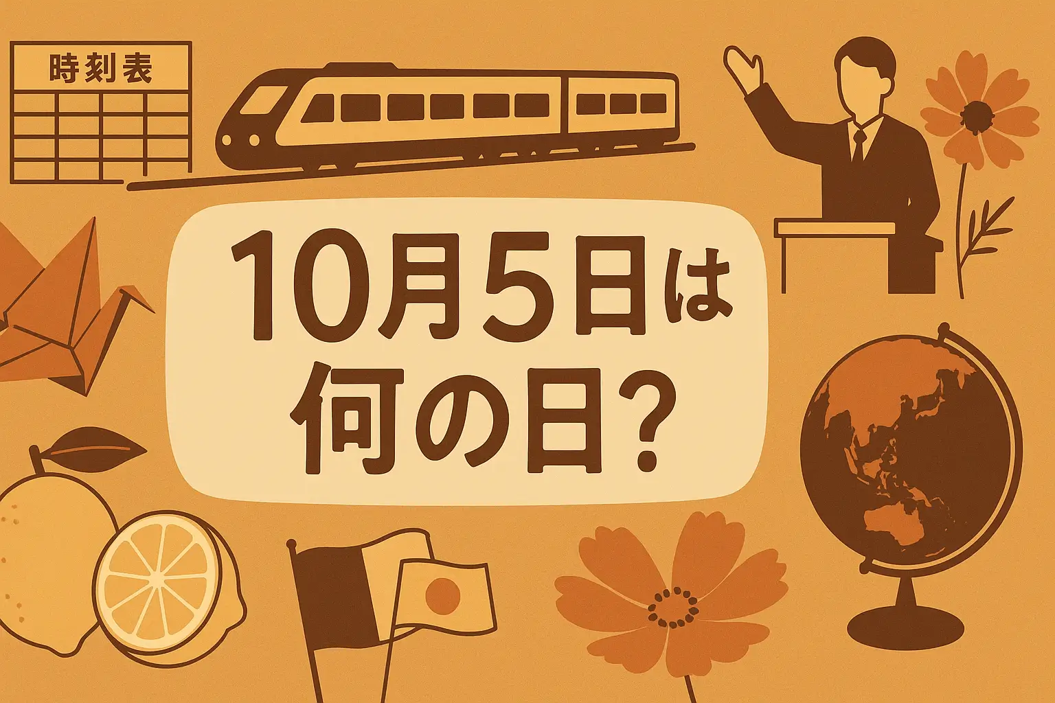 10月5日は何の日？鉄道の時刻表や列車、折り紙、レモン、教師、コスモスの花、地球儀などを象徴的に描いたシンボル風イラスト