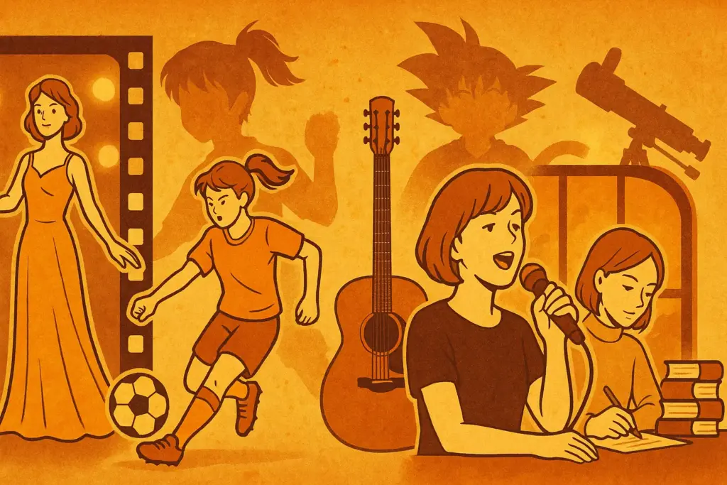 10月5日生まれの誕生日イラスト。ステージの女優、スポーツ選手、歌手、作家を象徴するシルエットに、映画フィルムやギター、望遠鏡、アニメキャラクターの影を組み合わせた構図