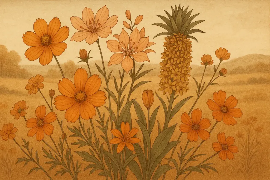 10月5日の誕生花イラスト。キバナコスモス、クレオメ、パイナップルリリーを中心に、コスモスや吉祥草を加えて束ねた秋らしいボタニカルイラスト