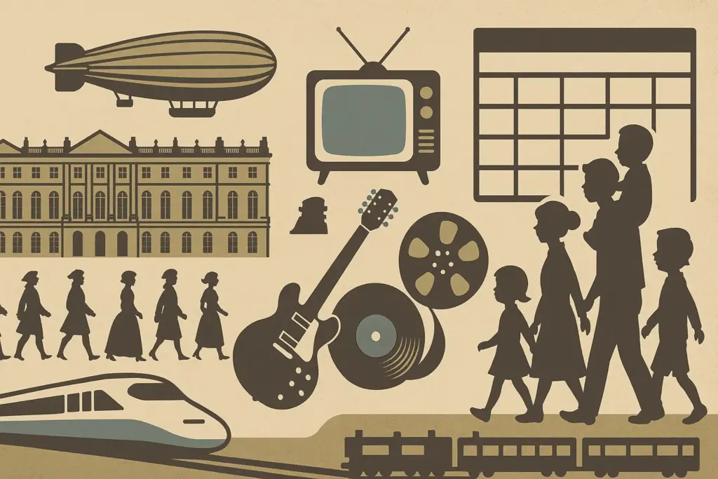 10月5日の歴史イラスト。ヴェルサイユ宮殿の行進、飛行船R101、テレビ放送のアンテナ、ビートルズの楽器やレコード、映画フィルム、日本の時刻表や『サザエさん』を象徴的に描いた構図