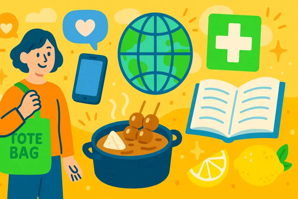 10月5日の豆知識イラスト。マイバッグを持つ人、みそおでんの鍋、医療を象徴するクロス、本とレモン、SNS吹き出しやスマホ、地球儀を組み合わせたポップなイラスト