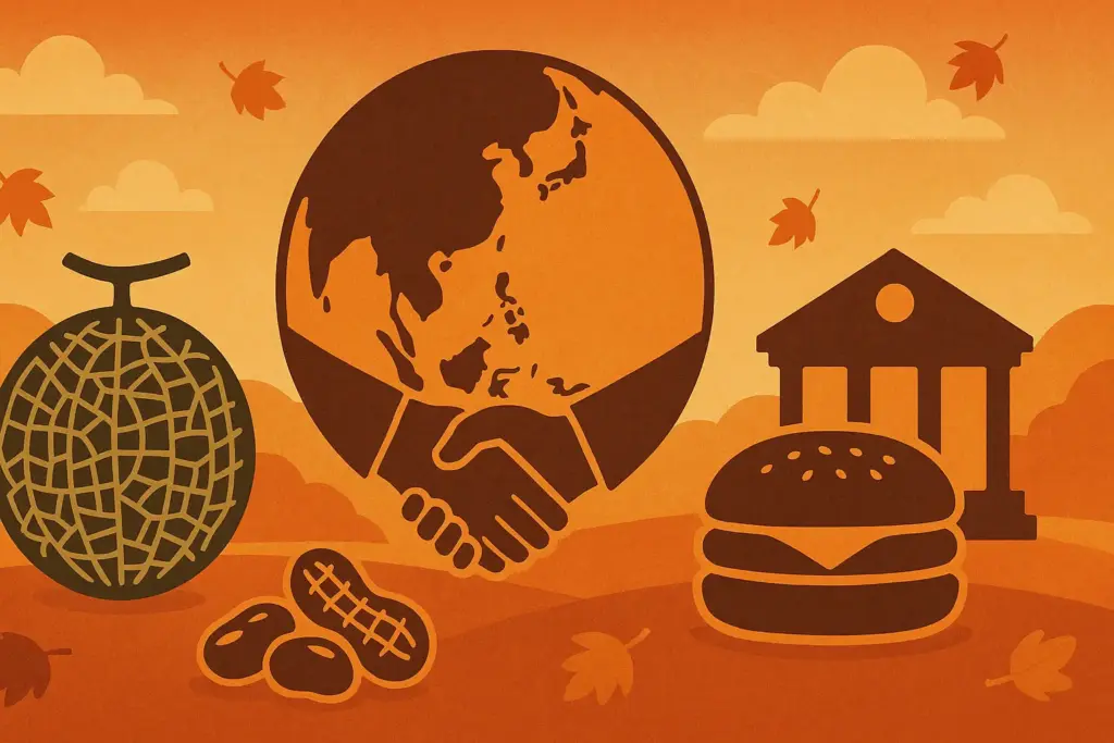 10月6日の記念日を象徴する地球儀と握手、役所庁舎、メロンや豆菓子、ハンバーガーを描いた秋色の挿絵