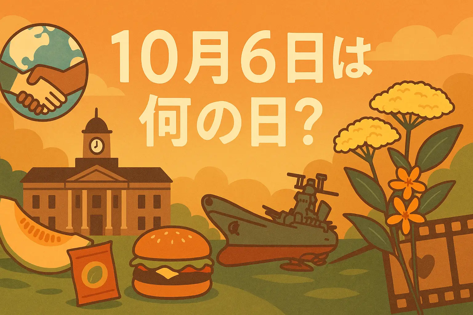 10月6日は何の日？国際協力の日や役所改革の日、メロンの日など多彩な記念日を象徴する地球儀や庁舎、メロンや花を描いたアイキャッチ画像