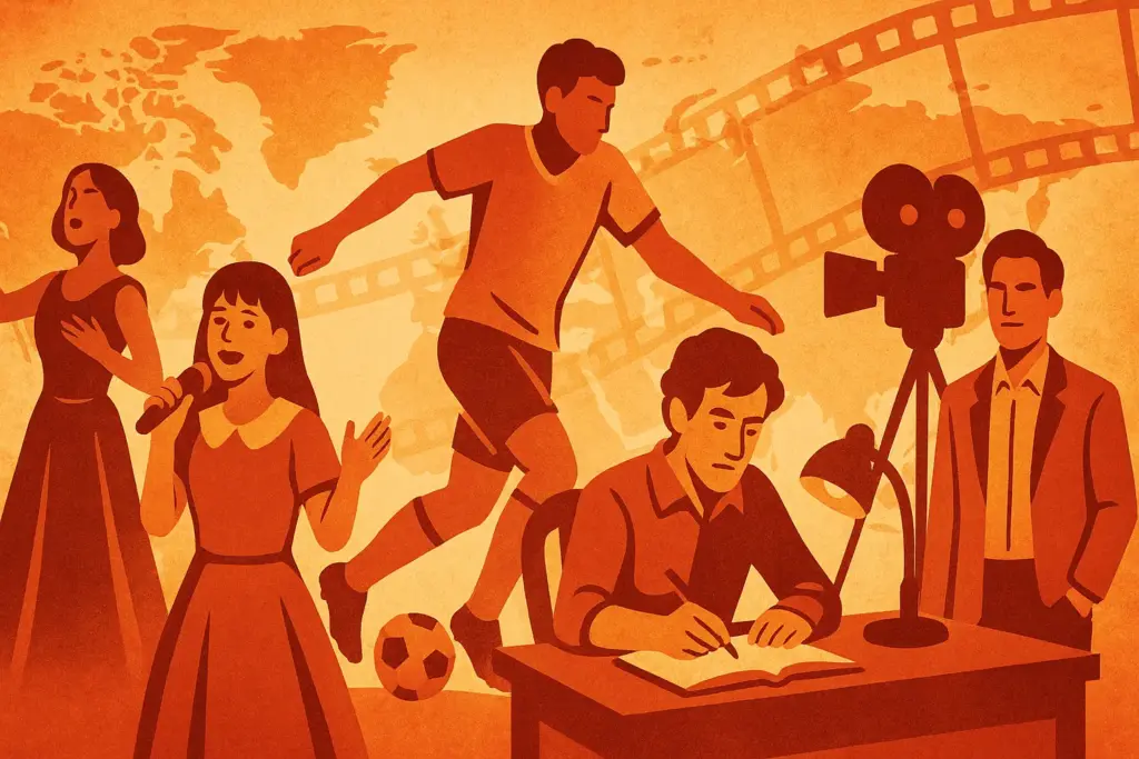 10月6日生まれの著名人を象徴する女優やアイドル、サッカー選手、作家、俳優を描いた国際的な雰囲気の挿絵