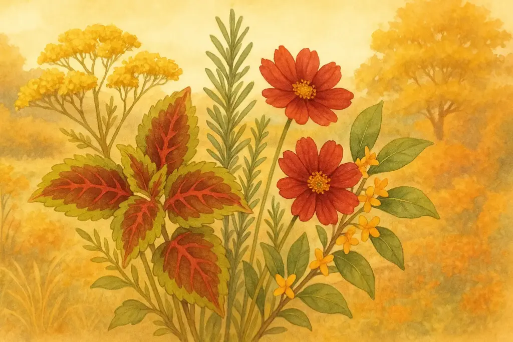 10月6日の誕生花であるオミナエシ、コリウス、ローズマリー、赤いコスモス、キンモクセイを束ねて描いた秋の挿絵