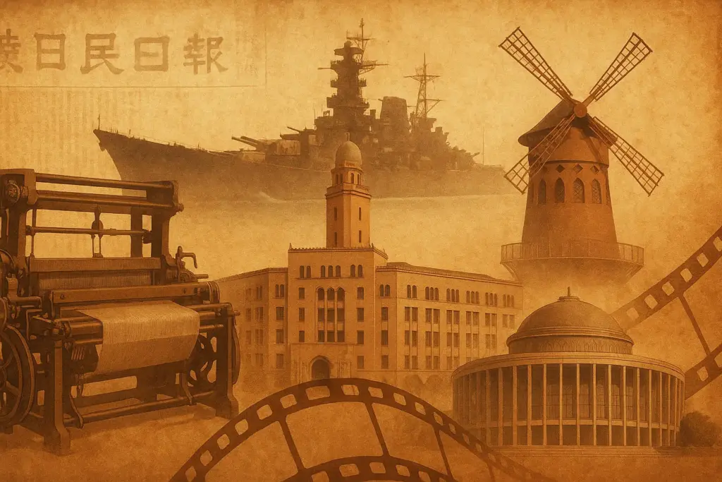 10月6日の歴史を象徴する新聞や織機、役所庁舎、宇宙戦艦、映画フィルム、ムーランルージュの風車を描いた挿絵