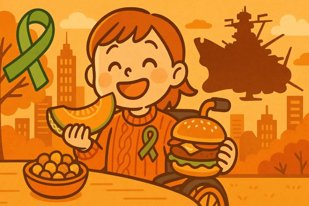 10月6日の豆知識を象徴するメロンや豆菓子、ハンバーガー、緑のリボン、都市のビル群、宇宙戦艦を描いた挿絵