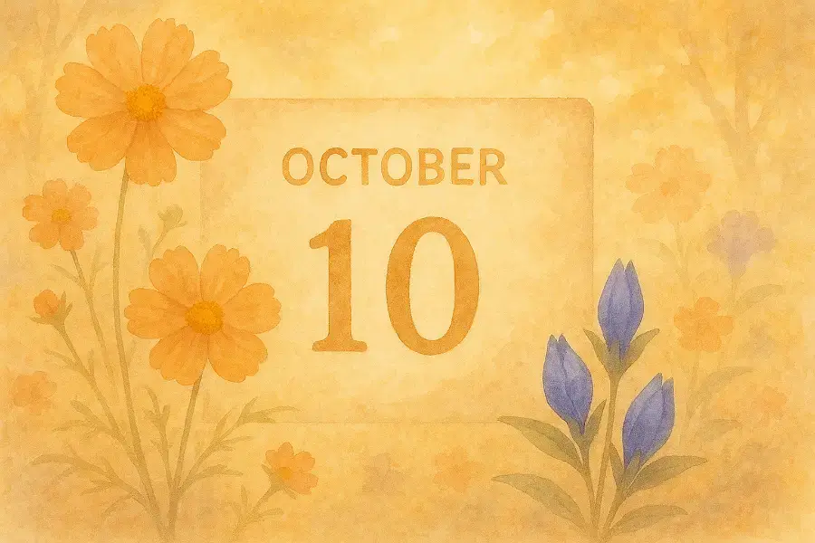 水彩画風の10月10日カレンダーとコスモスが描かれた秋のイメージ。暖かな光に包まれた穏やかな情景。