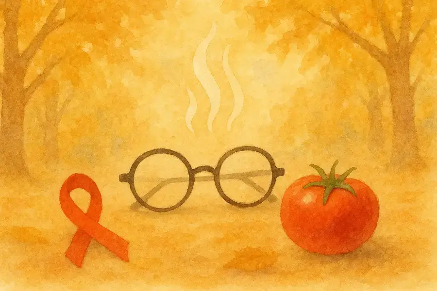 水彩画風の10月10日の記念日イラスト。目の愛護デーや銭湯の日、トマトの日を表す秋の風景。