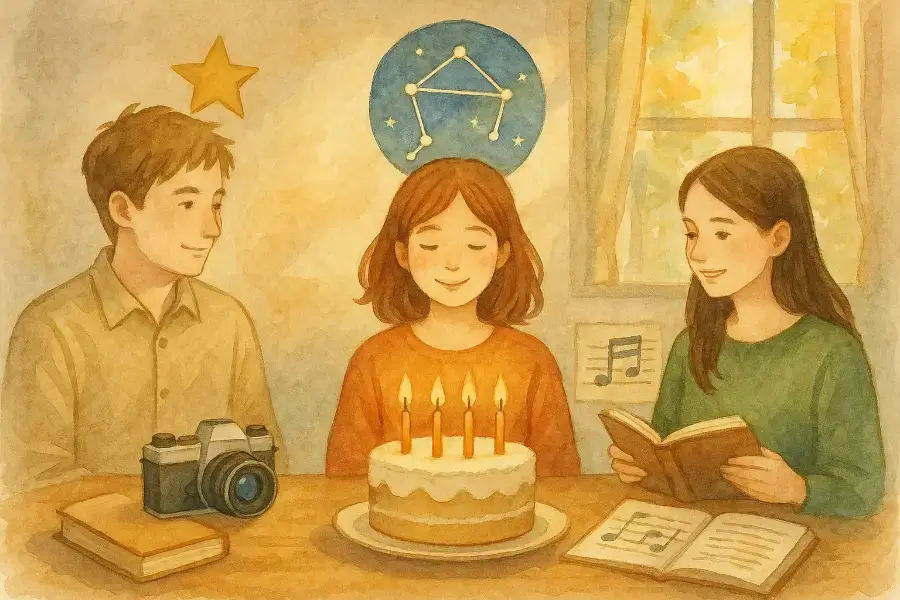 水彩画風の10月10日生まれを祝う誕生日イメージ。秋色の光に包まれたケーキと星座の情景。