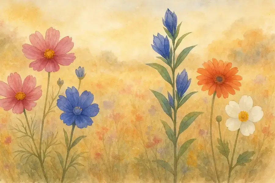 水彩画風のコスモスとリンドウが咲く秋の花畑。10月10日の誕生花を表す優しい風景。