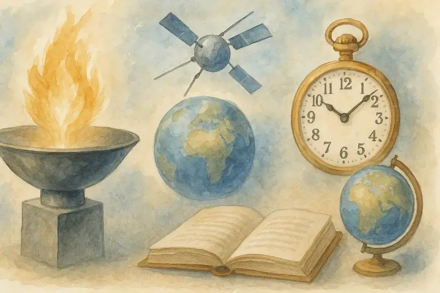 水彩画風の10月10日の歴史を象徴するイラスト。聖火台や地球儀が描かれた穏やかな秋の情景。