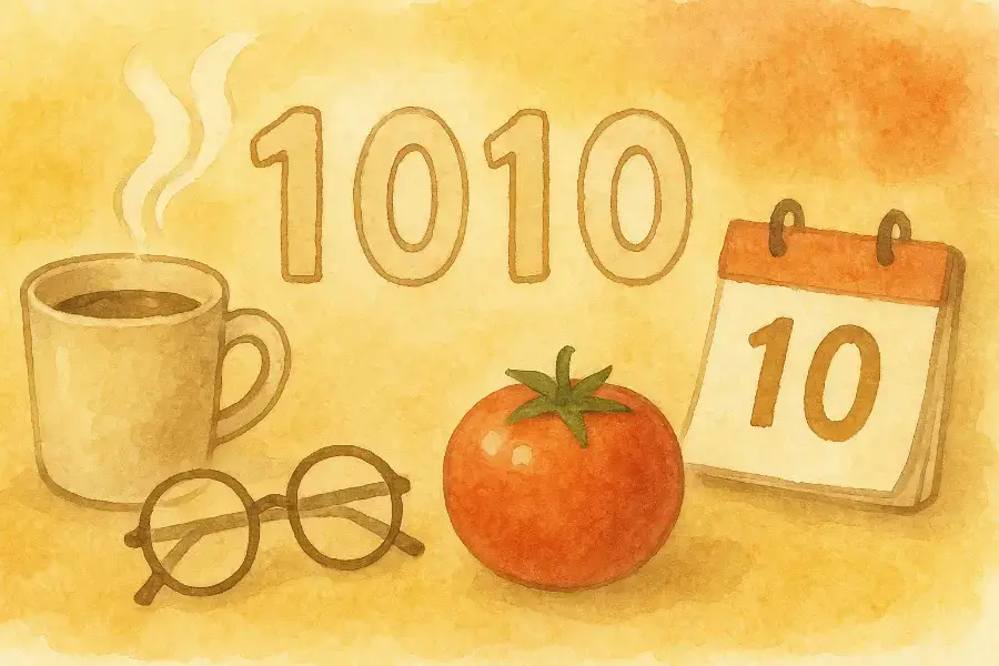 水彩画風の10月10日の豆知識イメージ。1010の数字やトマト、メガネを描いた柔らかな秋の風景。
