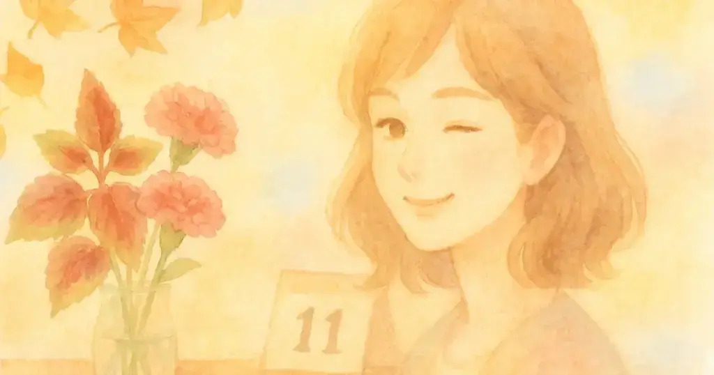 10月11日を象徴する秋の情景。やわらかな光の中で人のぬくもりと優しさを感じる水彩風パステルイラスト。