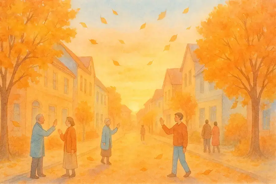 10月11日の記念日を象徴する、夕暮れの街角で防犯パトロールの人と子どもが挨拶を交わす情景。秋色の街並みと街灯の光がやさしさを感じさせる水彩風パステルイラスト。