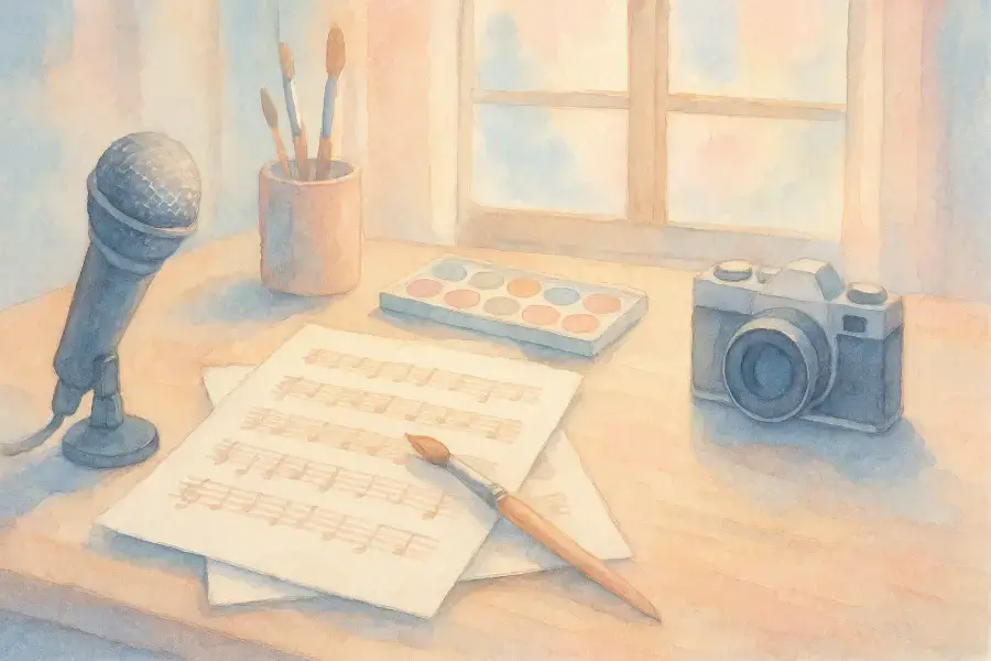 10月11日生まれの人々をイメージした、木のテーブルに楽譜やマイク、筆、カメラなど表現の道具が並ぶ水彩風パステルイラスト。朝の光が差し込み、創造と祝福の温かさを感じる。