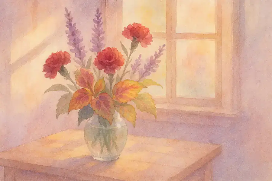 10月11日の誕生花カーネーション、ミソハギ、コリウスを飾った花瓶が並ぶ水彩風パステル画。窓辺から秋の光が差し込み、静かなぬくもりとやさしさが漂う。