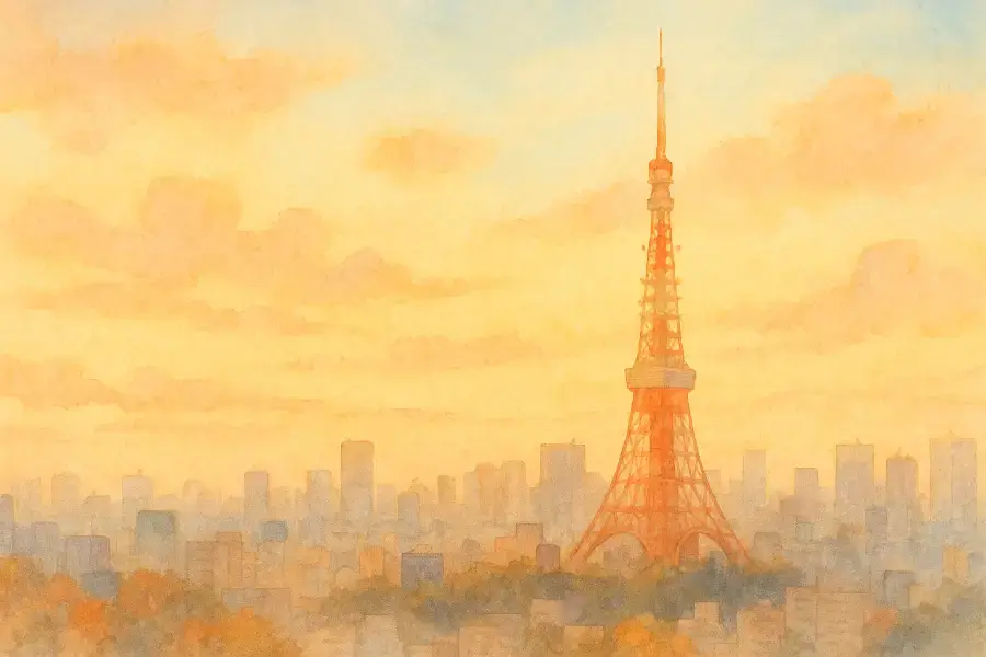 10月11日の歴史を象徴する、夕暮れの東京タワーを遠くに望む秋の風景。金色の光が差し込み、時の流れと未来への希望を感じさせる水彩風パステルイラスト。