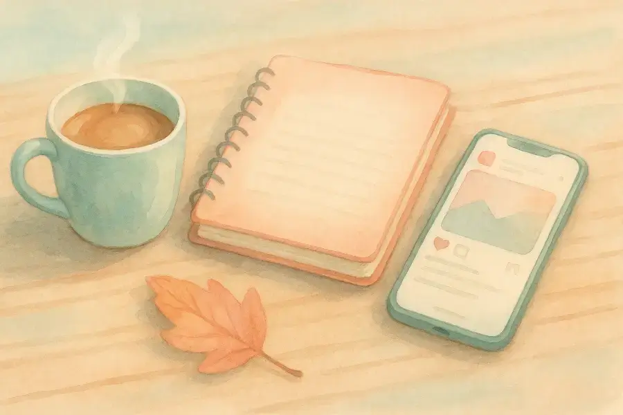 10月11日の豆知識を表す、木のデスクにコーヒーカップとノート、スマートフォンが置かれた秋の情景。SNSの画面と落ち葉が、日常の小さな発見とやさしい時間を感じさせる水彩風パステル画。