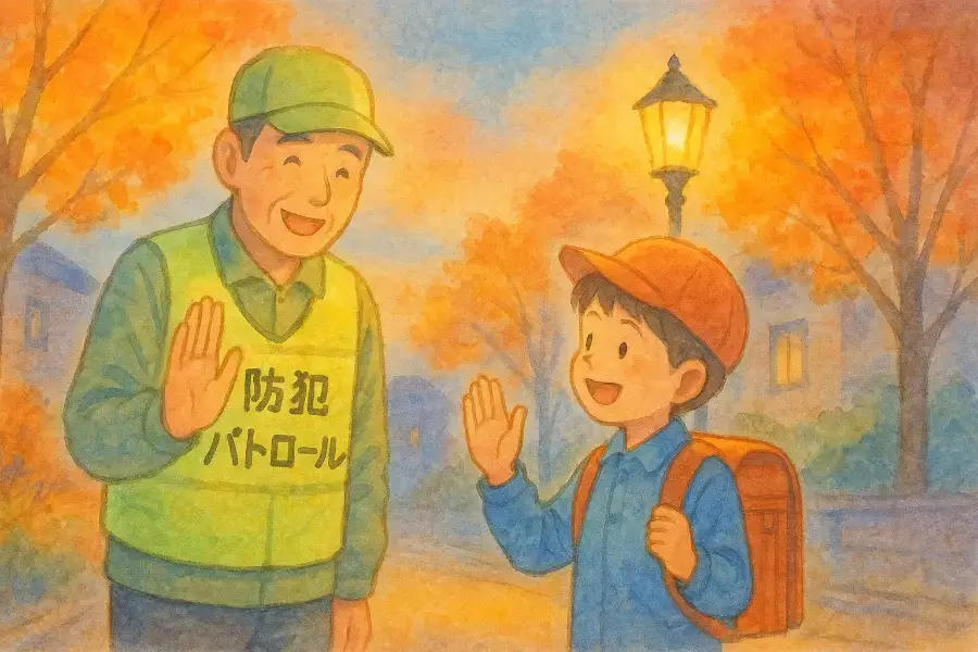 秋の夕暮れ、防犯パトロールの人と子どもが挨拶を交わす街角。温かな街灯が灯る穏やかな情景を描いたパステル風水彩イラスト。
