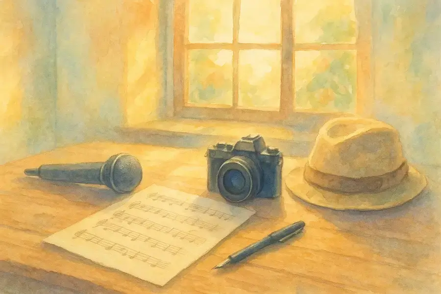 朝の光が差すテーブルに、マイクや楽譜、ペンやカメラが並ぶ。10月12日生まれの表現者たちを象徴するパステル風水彩イラスト。
