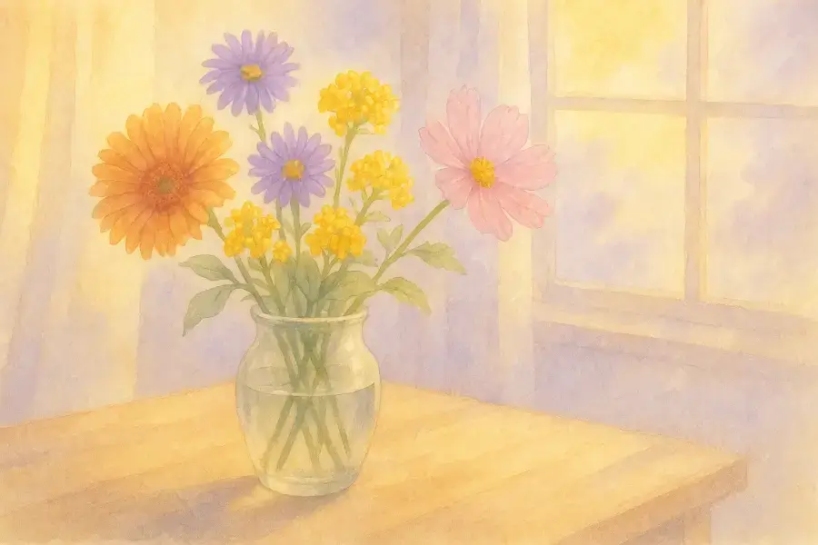 ガーベラや金木犀、シオン、コスモスが秋の光に揺れる花瓶。10月12日の誕生花を描いたパステル風水彩イラスト。