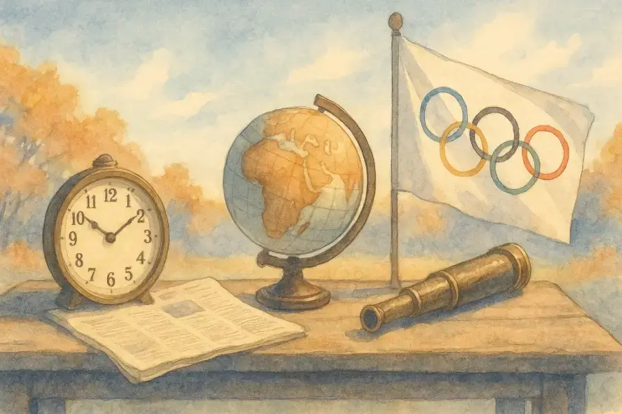 歴史を象徴する時計や地球儀、望遠鏡が並ぶ机。10月12日の出来事を時の流れで表したパステル風水彩イラスト。