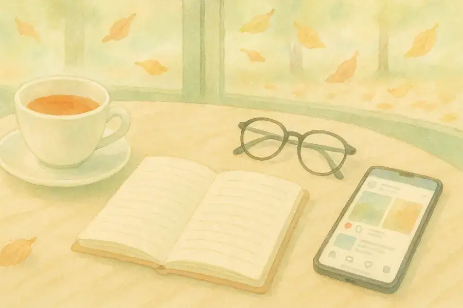 秋の夕暮れ、開いた日記と落ち葉が机に置かれた情景。10月12日の一日を静かに振り返るパステル風水彩イラスト。