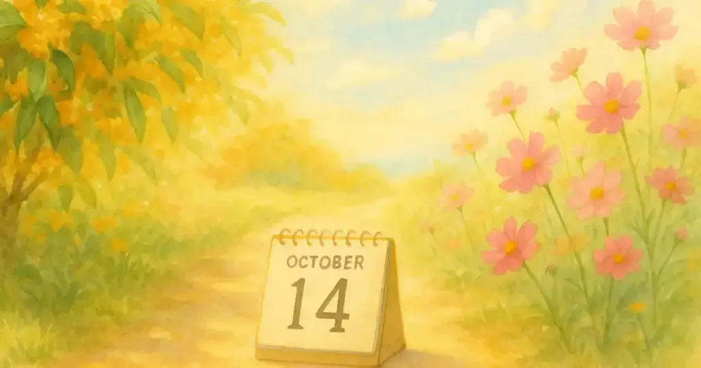 秋の午後、コスモスが咲く小道に置かれたカレンダーに「10月14日」の文字が見える水彩画風イラスト。