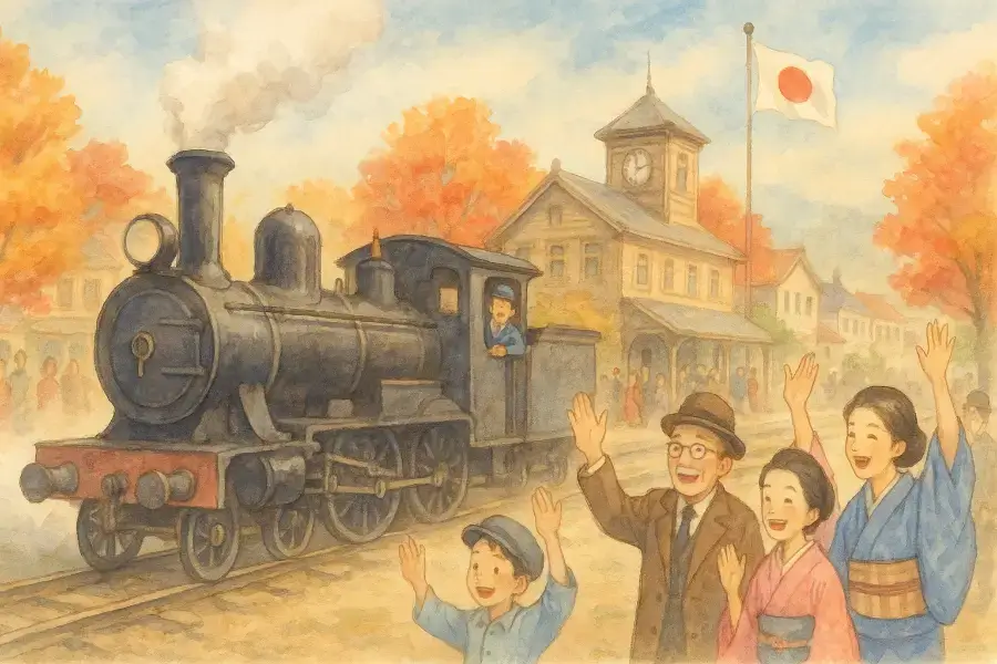 駅前に停まる蒸気機関車と紅葉した街並みを描いた、鉄道の日をイメージした秋の水彩画。