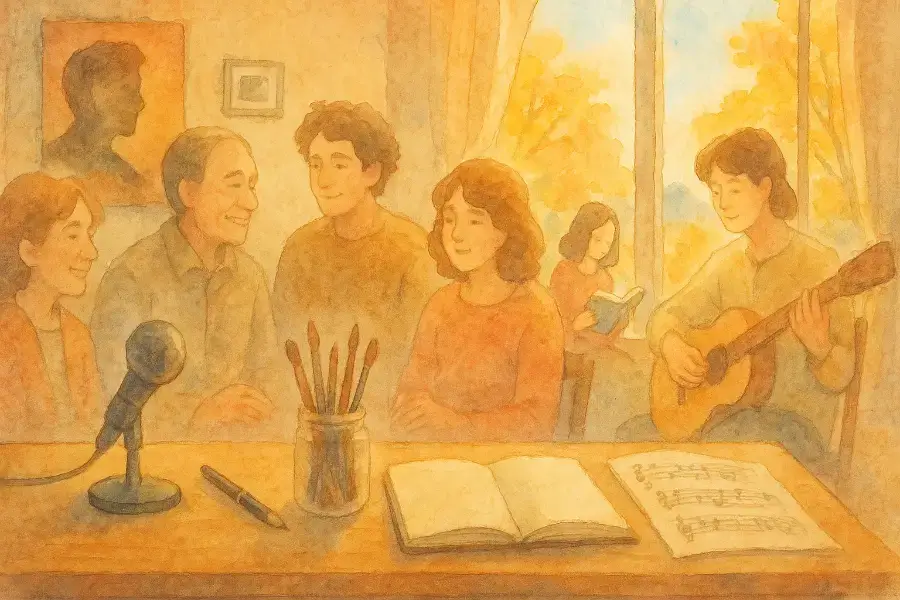 秋の光が差し込む部屋で、俳優や音楽家を象徴する人物たちが語り合う。机の上に楽譜や筆が並ぶ水彩画風イラスト。